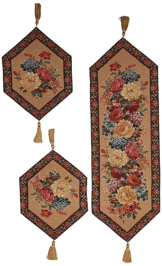Breath of Spring Floral Beige Woven Dining Tapestry Table Runners Set of 3